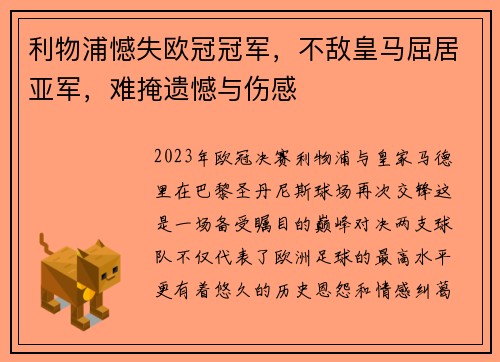 利物浦憾失欧冠冠军，不敌皇马屈居亚军，难掩遗憾与伤感