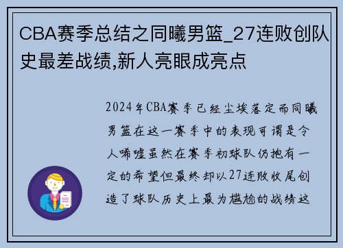 CBA赛季总结之同曦男篮_27连败创队史最差战绩,新人亮眼成亮点