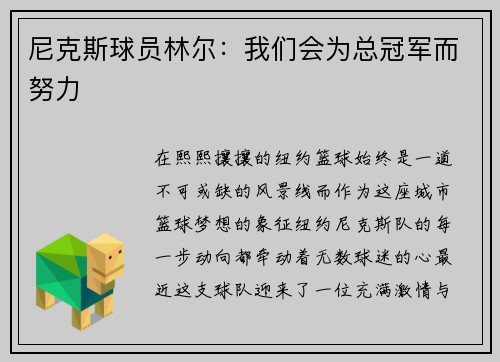 尼克斯球员林尔：我们会为总冠军而努力