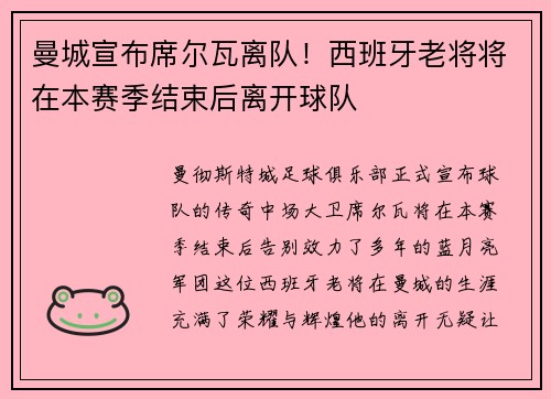 曼城宣布席尔瓦离队！西班牙老将将在本赛季结束后离开球队
