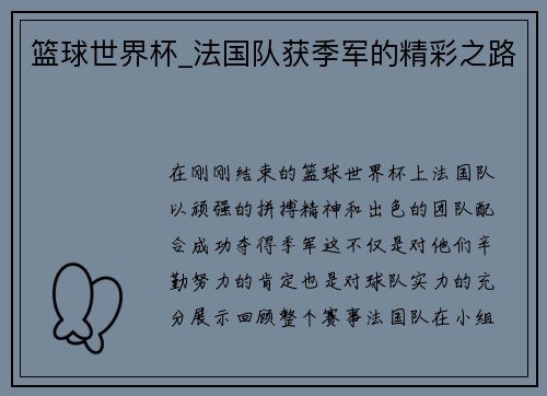 篮球世界杯_法国队获季军的精彩之路